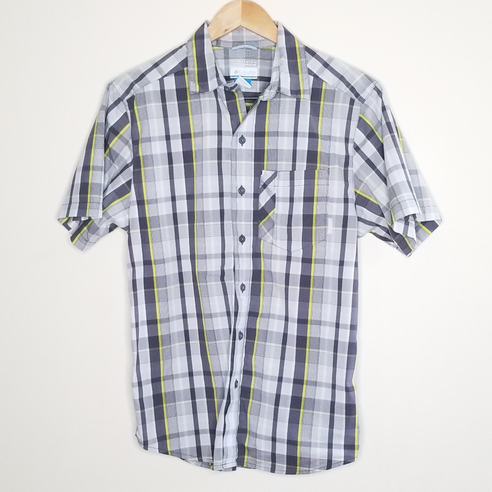 Columbia Men's Plaid Gray Yellow Button Shirt Sz S